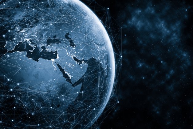 The image represents a global network symbolizing modern telecommunication and internet connectivity