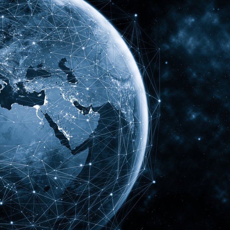 The image represents a global network symbolizing modern telecommunication and internet connectivity