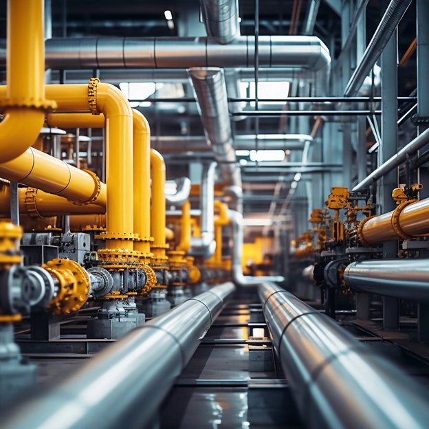 Two metal pipes in the bottom of the image, on the left and right there are yellow pipes.