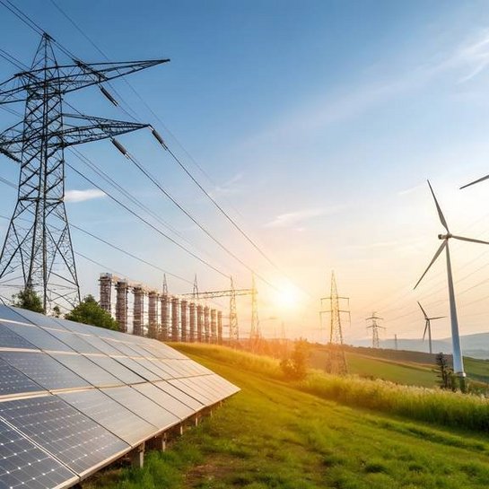 Solar- und Windenergieanlagen in einer grünen Landschaft, Symbol für Sektorkopplung und nachhaltige Energievernetzung mit TÜV NORD.