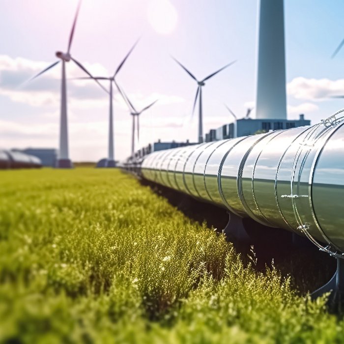 Wasserstoffpipeline in einer grünen Landschaft mit Windkraftanlagen im Hintergrund bei Sonnenschein.