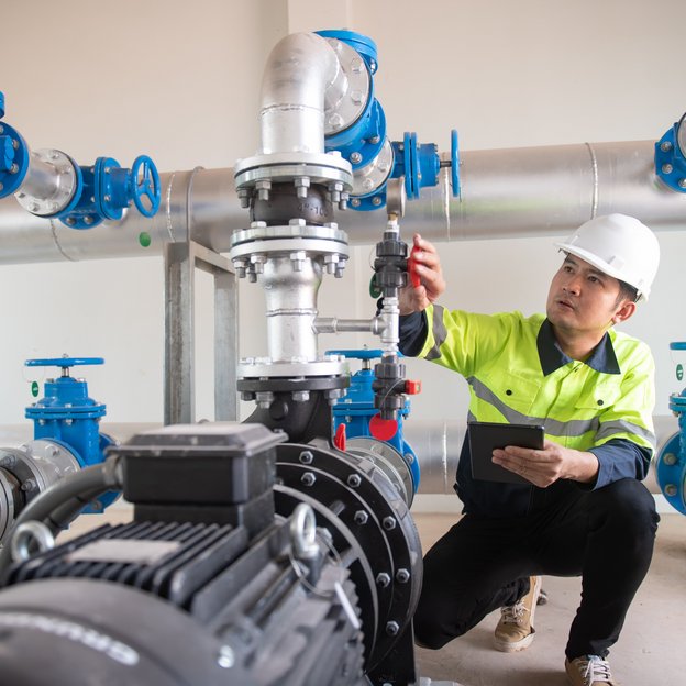 An inspector checks a valve. The valve is part of some pipes that are connected.