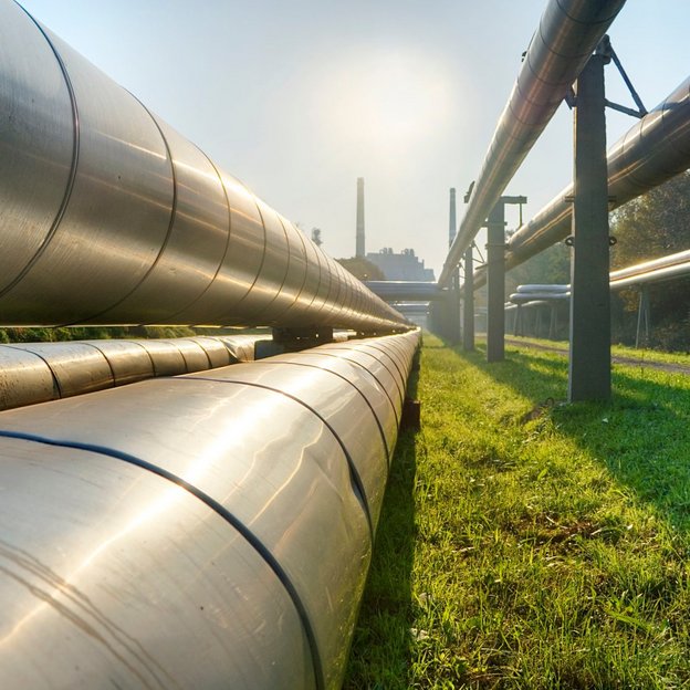 Some pipes on the ground, heading to an industry, the ground is filled with grass.