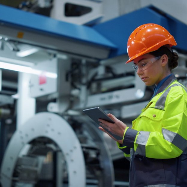 Female inspector in an industrial facility looking at her tablet