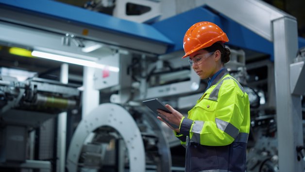 Female inspector in an industrial facility looking at her tablet